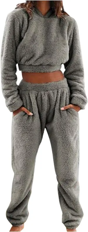 Mzkdieey Womens Fuzzy Sherpa Fleece Pajamas Set Long Sleeve Cropped Hoodies Pajama Pants 2 Piece Outfits Loungewear Sleepwear