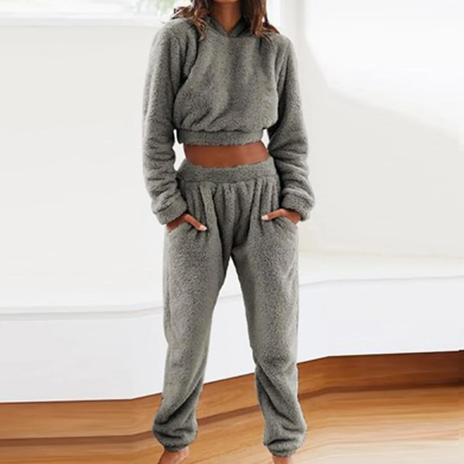 Mzkdieey Womens Fuzzy Sherpa Fleece Pajamas Set Long Sleeve Cropped Hoodies Pajama Pants 2 Piece Outfits Loungewear Sleepwear