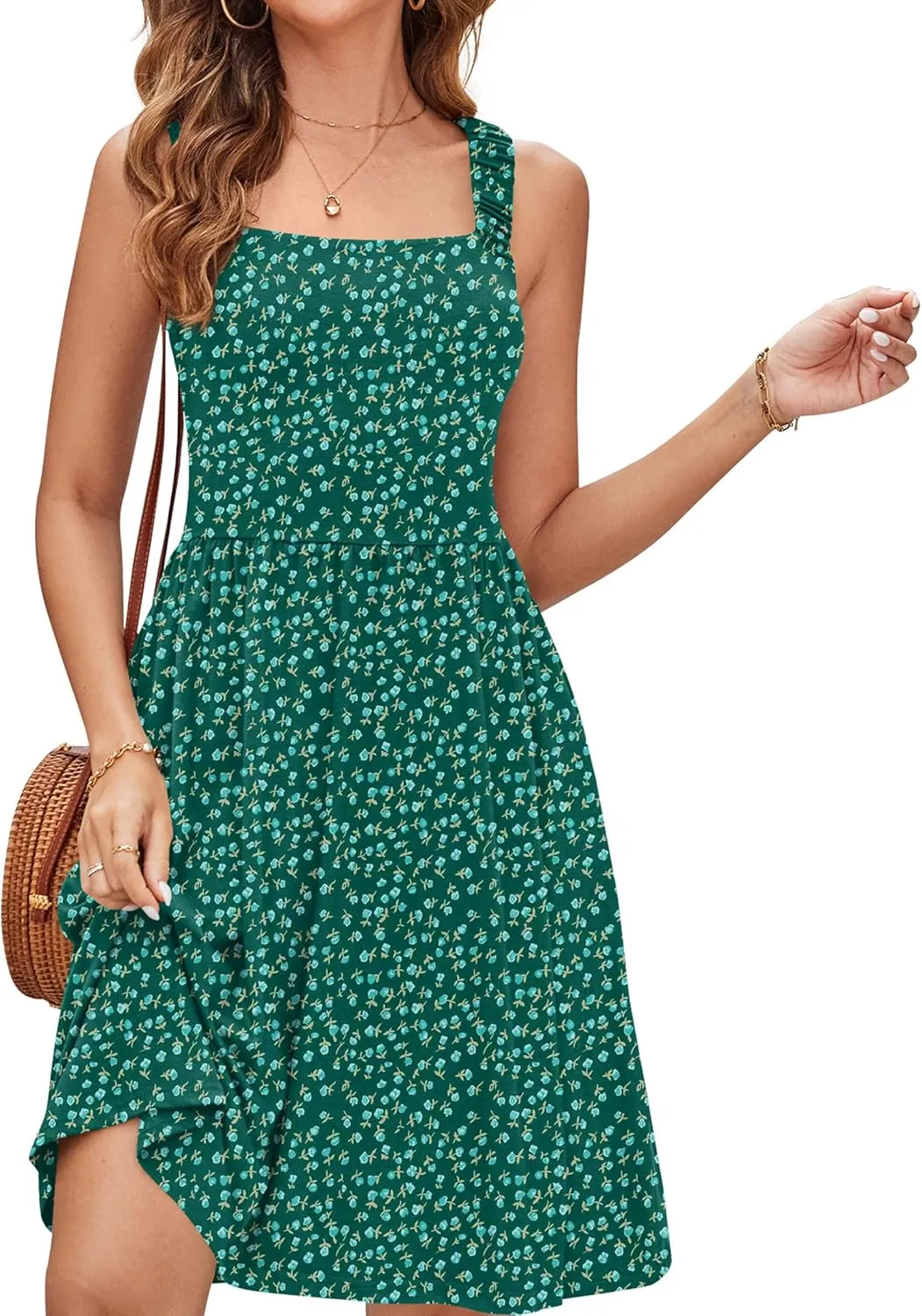 Naggoo Women's Summer Sundress Sleeveless Square Neck Dress High Waist A Line Short Dress