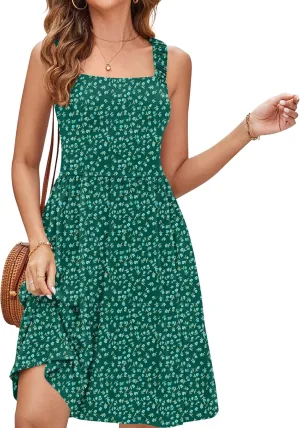 Naggoo Women's Summer Sundress Sleeveless Square Neck Dress High Waist A Line Short Dress