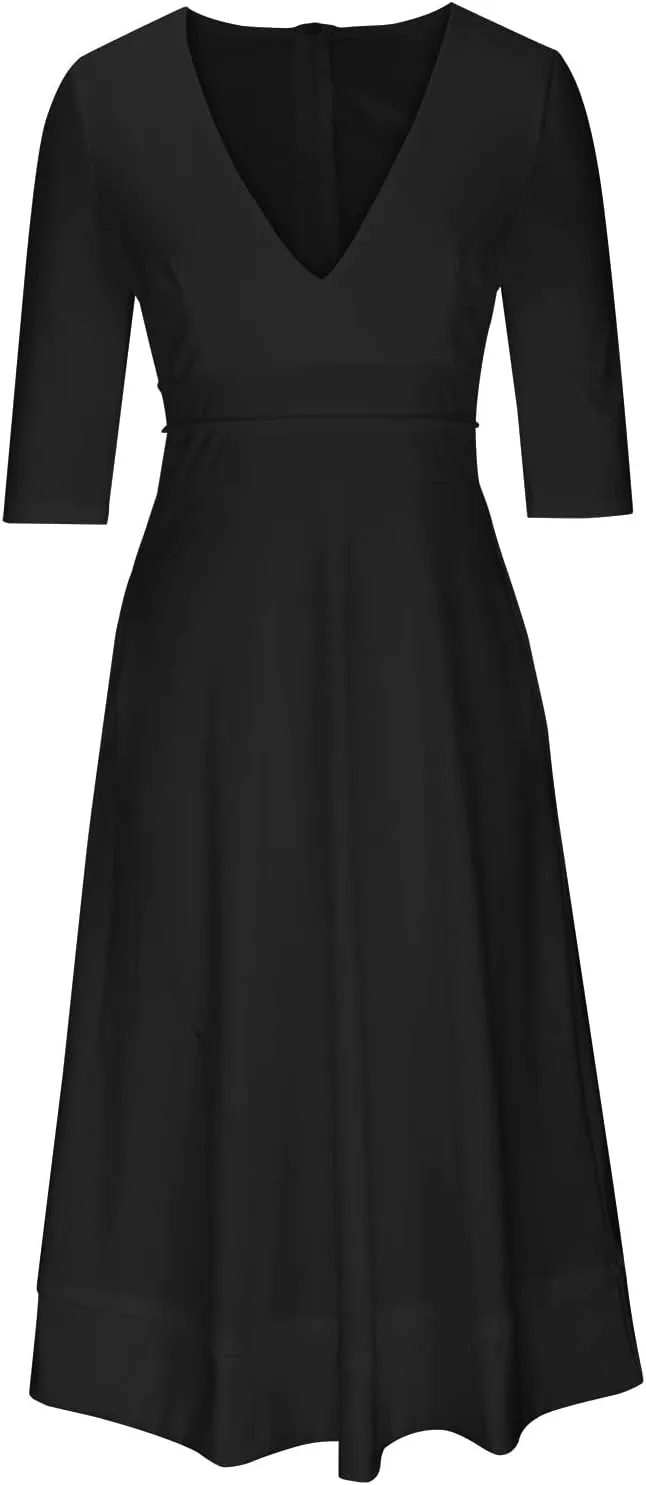 NaRHbrg Women's Sexy Deep V Neck Maxi Dress 3/4 Sleeve Ruched Evening Party Dress High Waist Flowy Wedding Guest Dresses
