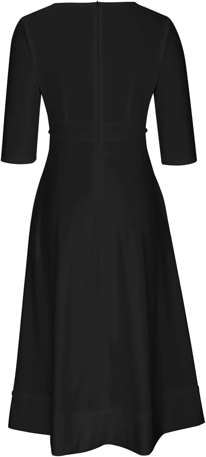 NaRHbrg Women's Sexy Deep V Neck Maxi Dress 3/4 Sleeve Ruched Evening Party Dress High Waist Flowy Wedding Guest Dresses