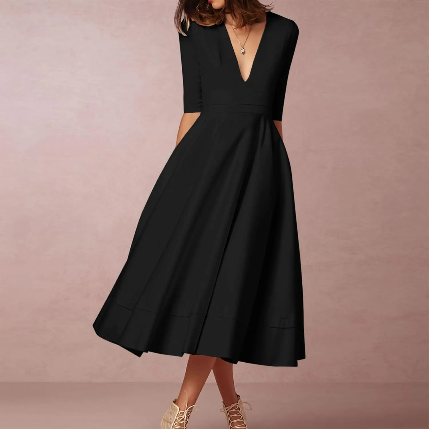 NaRHbrg Women's Sexy Deep V Neck Maxi Dress 3/4 Sleeve Ruched Evening Party Dress High Waist Flowy Wedding Guest Dresses