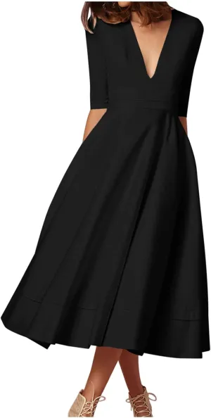 NaRHbrg Women's Sexy Deep V Neck Maxi Dress 3/4 Sleeve Ruched Evening Party Dress High Waist Flowy Wedding Guest Dresses