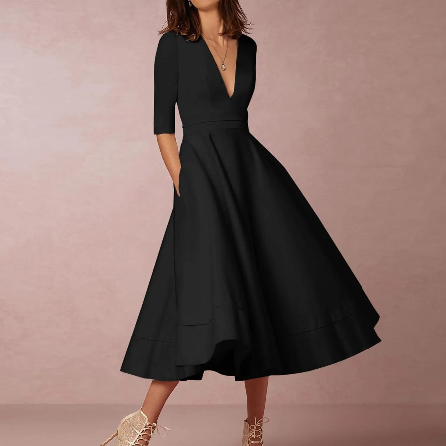 NaRHbrg Women's Sexy Deep V Neck Maxi Dress 3/4 Sleeve Ruched Evening Party Dress High Waist Flowy Wedding Guest Dresses