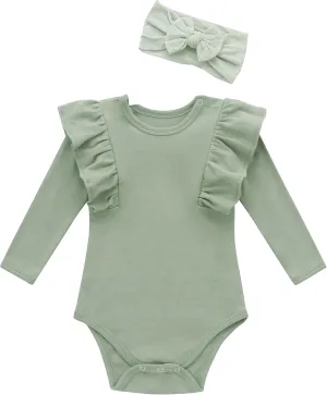 O2 BABY Organic Cotton Baby Girls Romper Bodysuit Jumpsuit with Headband Outfit