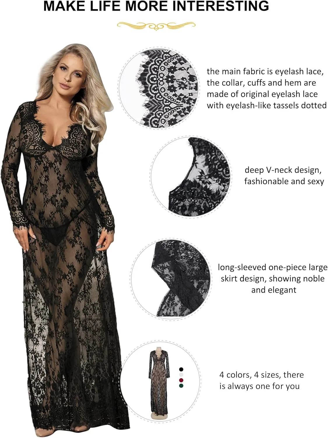 ohyeahlady Plus Size Long Lingerie Set for Womens Lace V Neck Mesh Sexy Nightdress Babydoll Sleepwear Maxi Dress with Thong