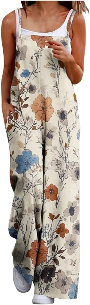 One Piece Jumpsuits for Women Overalls 2025 Spring Summer Rompers Vintage Boho Floral Adjustable Straps Wide Leg Jumpsuits