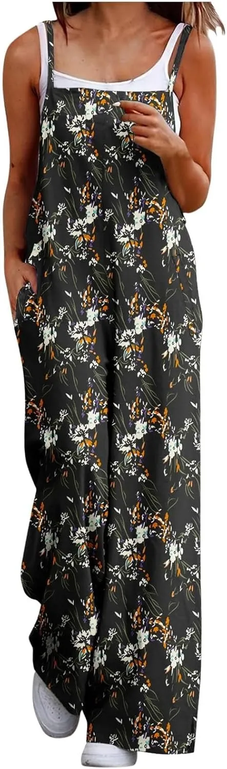One Piece Jumpsuits for Women Overalls 2025 Spring Summer Rompers Vintage Boho Floral Adjustable Straps Wide Leg Jumpsuits