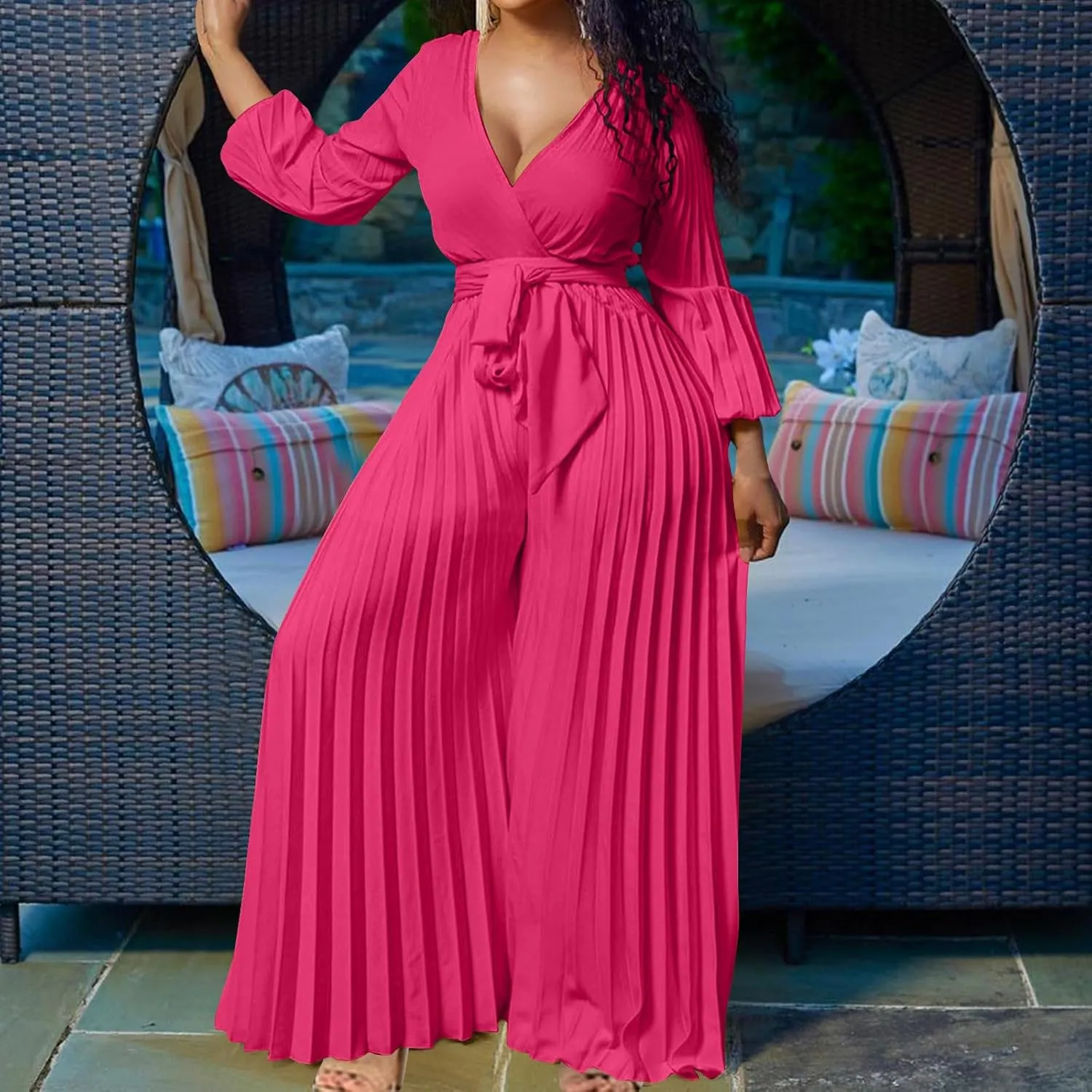 Oplxuo Plus Size Jumpsuit for Women Sexy Deep V-Neck Long Sleeve Pleated Wide Leg Jumpsuits Tie Waist Party Formal Romper