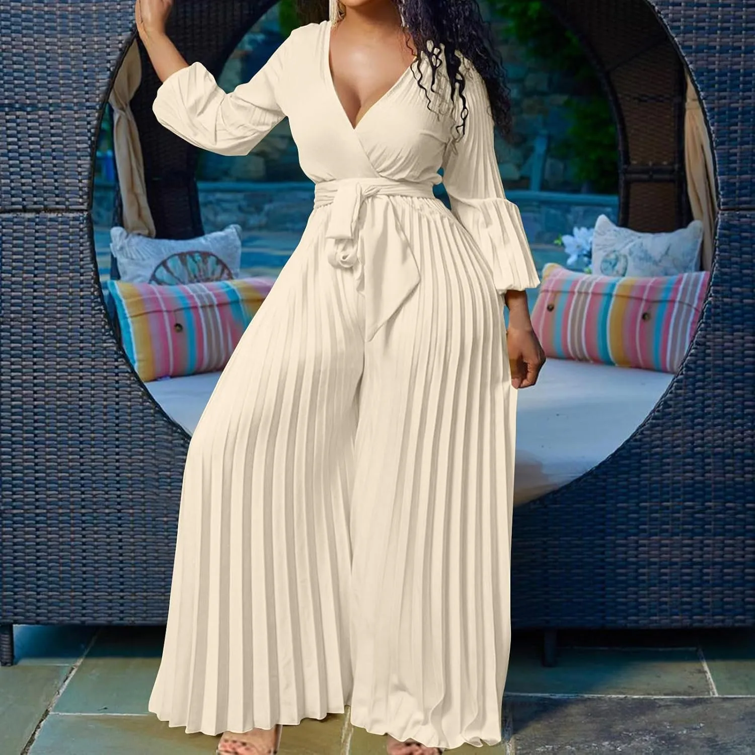 Oplxuo Plus Size Jumpsuit for Women Sexy Deep V-Neck Long Sleeve Pleated Wide Leg Jumpsuits Tie Waist Party Formal Romper