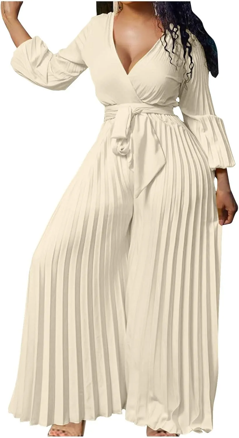 Oplxuo Plus Size Jumpsuit for Women Sexy Deep V-Neck Long Sleeve Pleated Wide Leg Jumpsuits Tie Waist Party Formal Romper