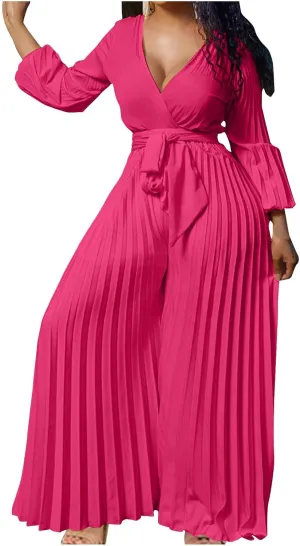 Oplxuo Plus Size Jumpsuit for Women Sexy Deep V-Neck Long Sleeve Pleated Wide Leg Jumpsuits Tie Waist Party Formal Romper