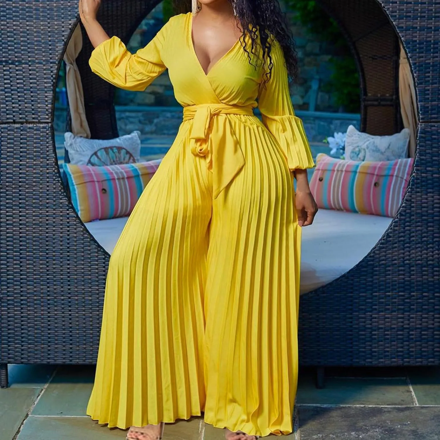 Oplxuo Plus Size Jumpsuit for Women Sexy Deep V-Neck Long Sleeve Pleated Wide Leg Jumpsuits Tie Waist Party Formal Romper