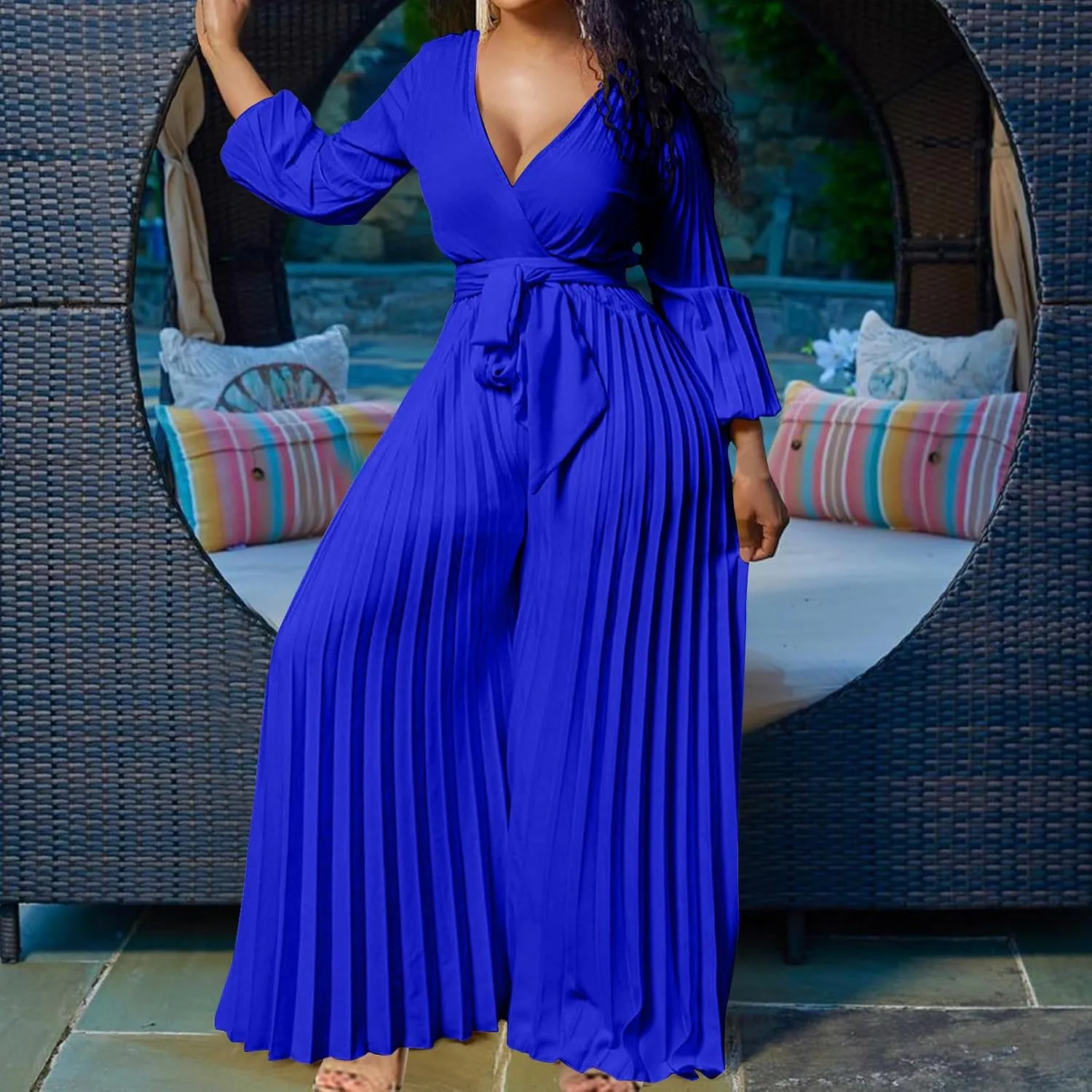 Oplxuo Plus Size Jumpsuit for Women Sexy Deep V-Neck Long Sleeve Pleated Wide Leg Jumpsuits Tie Waist Party Formal Romper