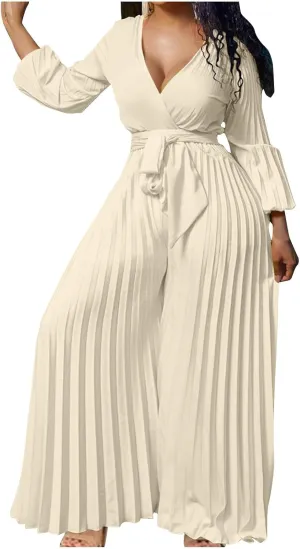 Oplxuo Plus Size Jumpsuit for Women Sexy Deep V-Neck Long Sleeve Pleated Wide Leg Jumpsuits Tie Waist Party Formal Romper