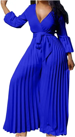 Oplxuo Plus Size Jumpsuit for Women Sexy Deep V-Neck Long Sleeve Pleated Wide Leg Jumpsuits Tie Waist Party Formal Romper