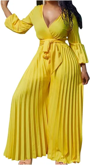 Oplxuo Plus Size Jumpsuit for Women Sexy Deep V-Neck Long Sleeve Pleated Wide Leg Jumpsuits Tie Waist Party Formal Romper