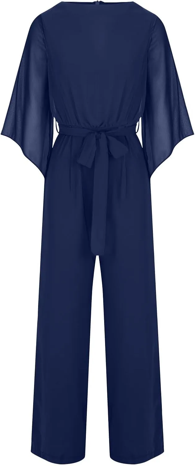 Oplxuo Women Chiffon Flare 3/4 Sleeve Jumpsuit Cowl Neck Tie Waist Wide Leg Long Pants Romper Dressy Wedding Jumpsuit