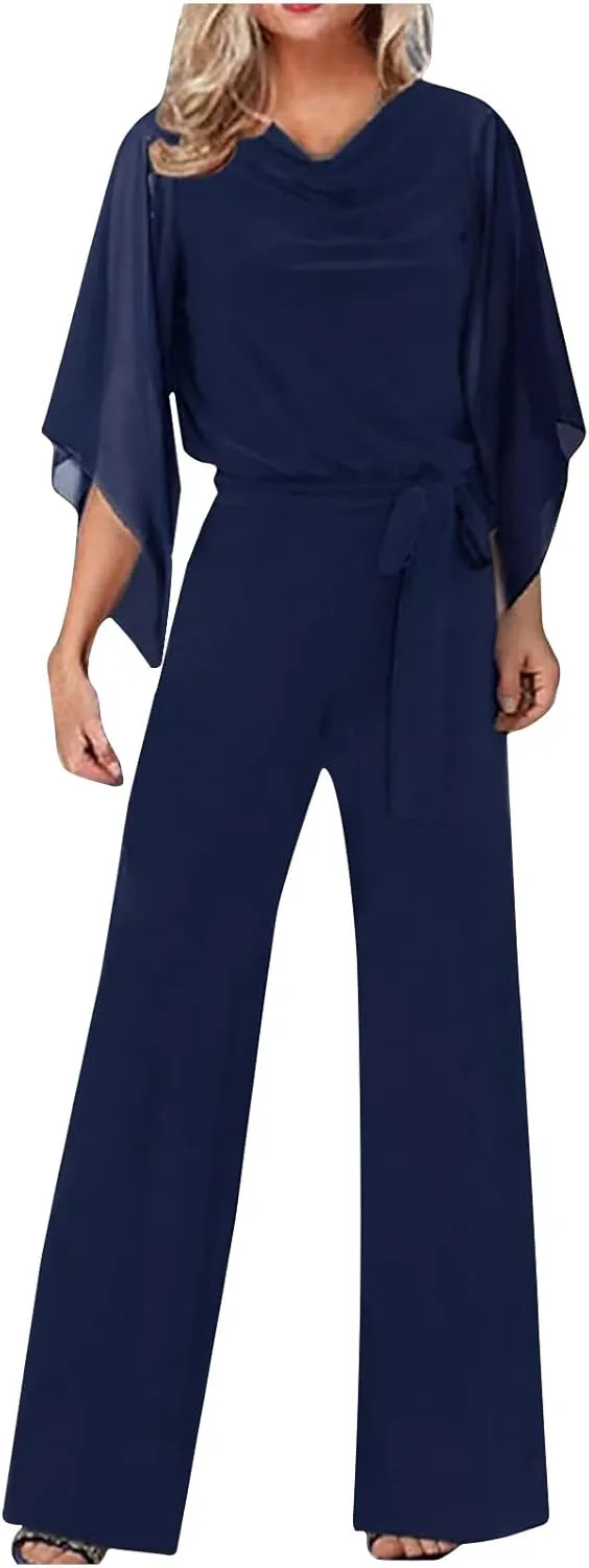 Oplxuo Women Chiffon Flare 3/4 Sleeve Jumpsuit Cowl Neck Tie Waist Wide Leg Long Pants Romper Dressy Wedding Jumpsuit