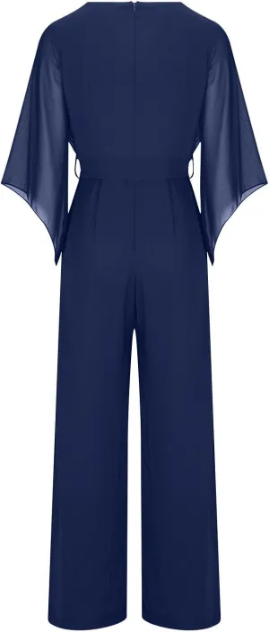 Oplxuo Women Chiffon Flare 3/4 Sleeve Jumpsuit Cowl Neck Tie Waist Wide Leg Long Pants Romper Dressy Wedding Jumpsuit