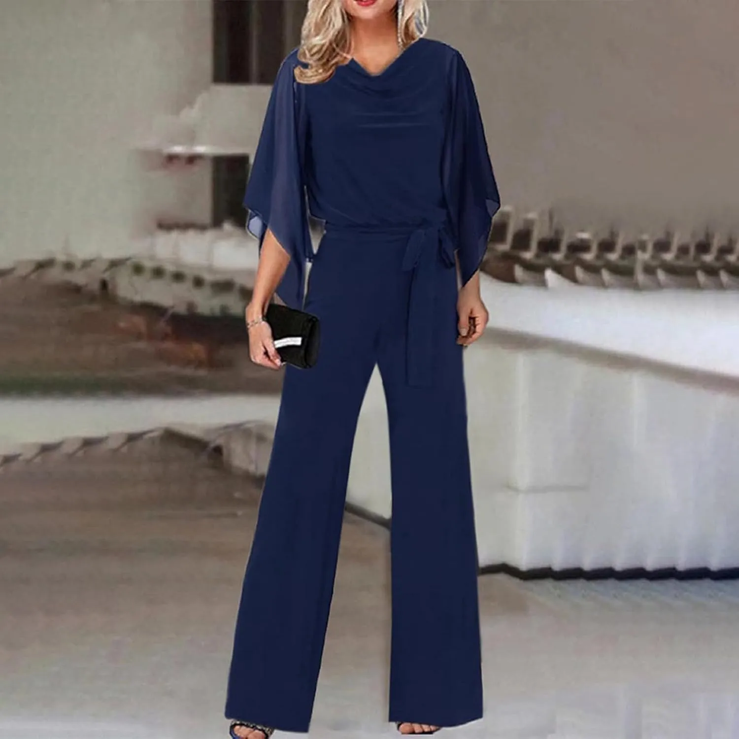 Oplxuo Women Chiffon Flare 3/4 Sleeve Jumpsuit Cowl Neck Tie Waist Wide Leg Long Pants Romper Dressy Wedding Jumpsuit
