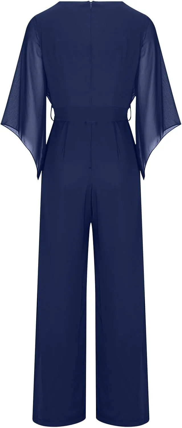 Oplxuo Women Chiffon Flare 3/4 Sleeve Jumpsuit Cowl Neck Tie Waist Wide Leg Long Pants Romper Dressy Wedding Jumpsuit