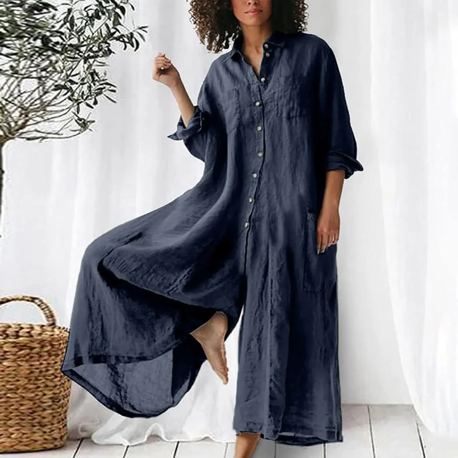 Oplxuo Womens Plus Size Loose Jumpsuit Cotton Linen Square Neck Cap Sleeve Casual Oversized Baggy Rompers Wide Leg Long Pants