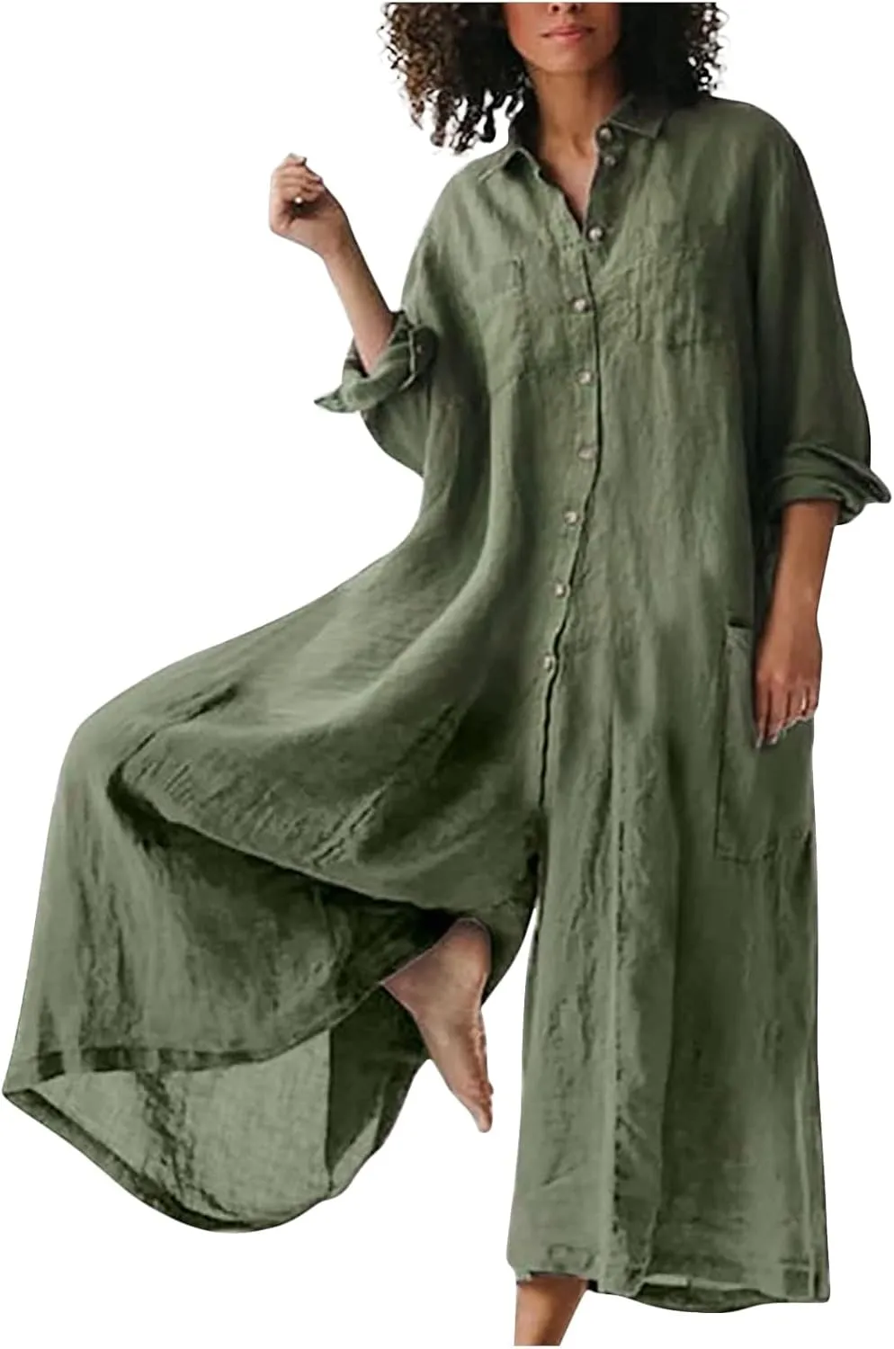 Oplxuo Womens Plus Size Loose Jumpsuit Cotton Linen Square Neck Cap Sleeve Casual Oversized Baggy Rompers Wide Leg Long Pants