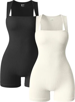 OQQ Women 2 Piece Rompers Yoga Stretch Strappy Square Neck Sleeveless Exercise Rompers