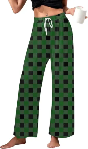 Pajamas Pants for Women Cute Plaid Pants Wide Leg Soft Comfy Drawstring Sleep Bottom with Pockets
