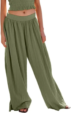 Palazzo Pants for Women Solid High Waisted Loose Yoga Pant Pleated Elastic Lightweight Straight Leg Breathable Trousers