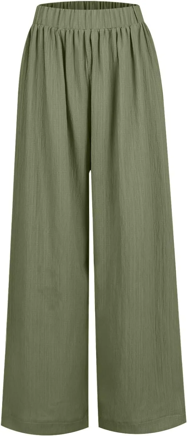Palazzo Pants for Women Solid High Waisted Loose Yoga Pant Pleated Elastic Lightweight Straight Leg Breathable Trousers