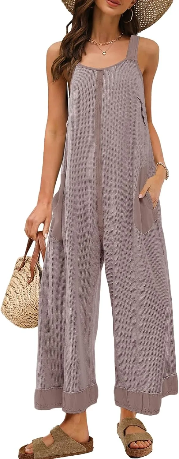 Panadila Womens Waffle Knit Jumpsuit Casual Wide Leg Jumpsuits Oversized Long Rompers Open Back Loose Overalls