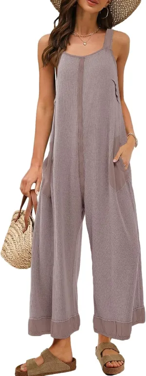 Panadila Womens Waffle Knit Jumpsuit Casual Wide Leg Jumpsuits Oversized Long Rompers Open Back Loose Overalls