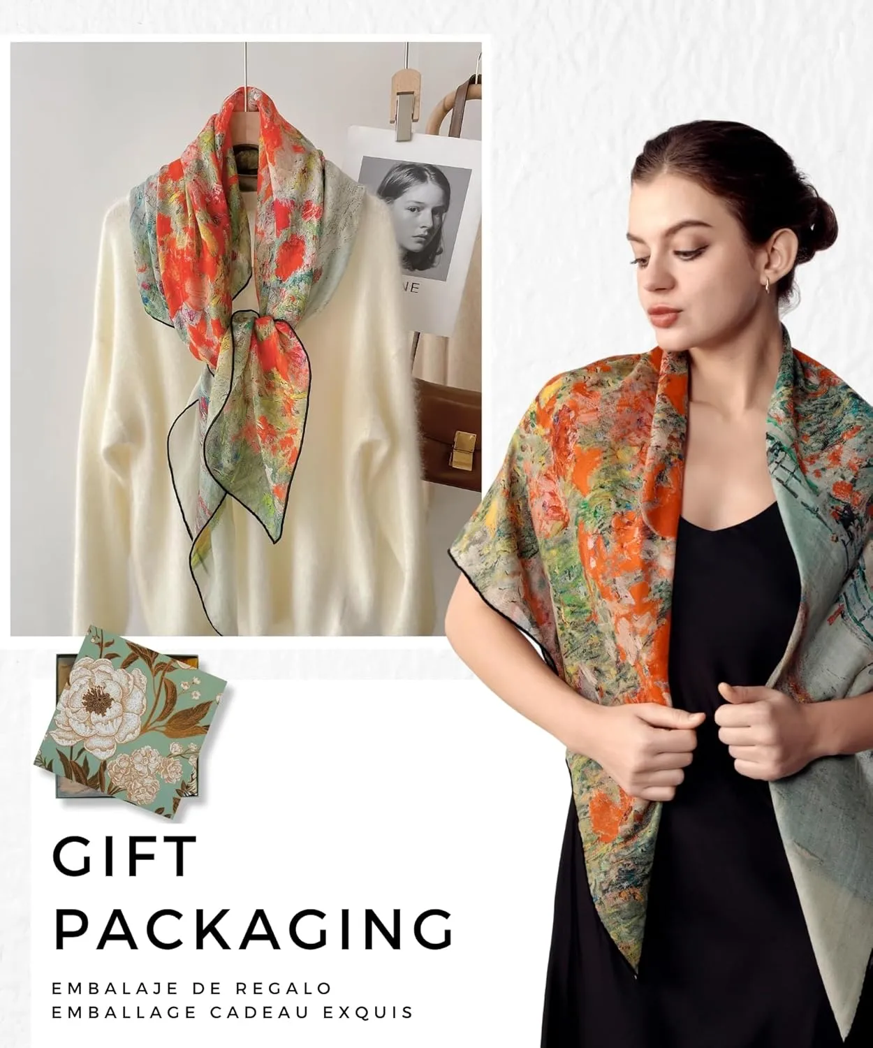 PoeticEHome 100% Cashmere Scarf Wrap – Ultra Soft Large Square Shawl for Women, Artistic Painting Design | Luxury Gift Box