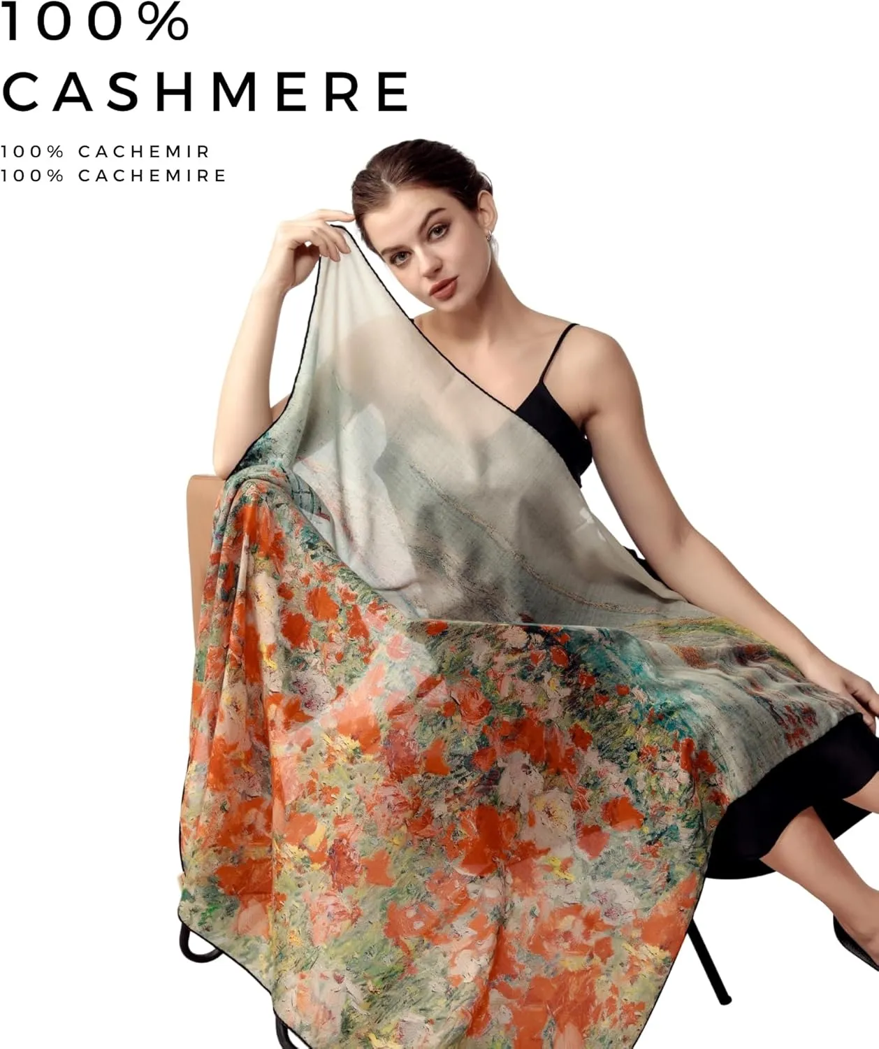 PoeticEHome 100% Cashmere Scarf Wrap – Ultra Soft Large Square Shawl for Women, Artistic Painting Design | Luxury Gift Box
