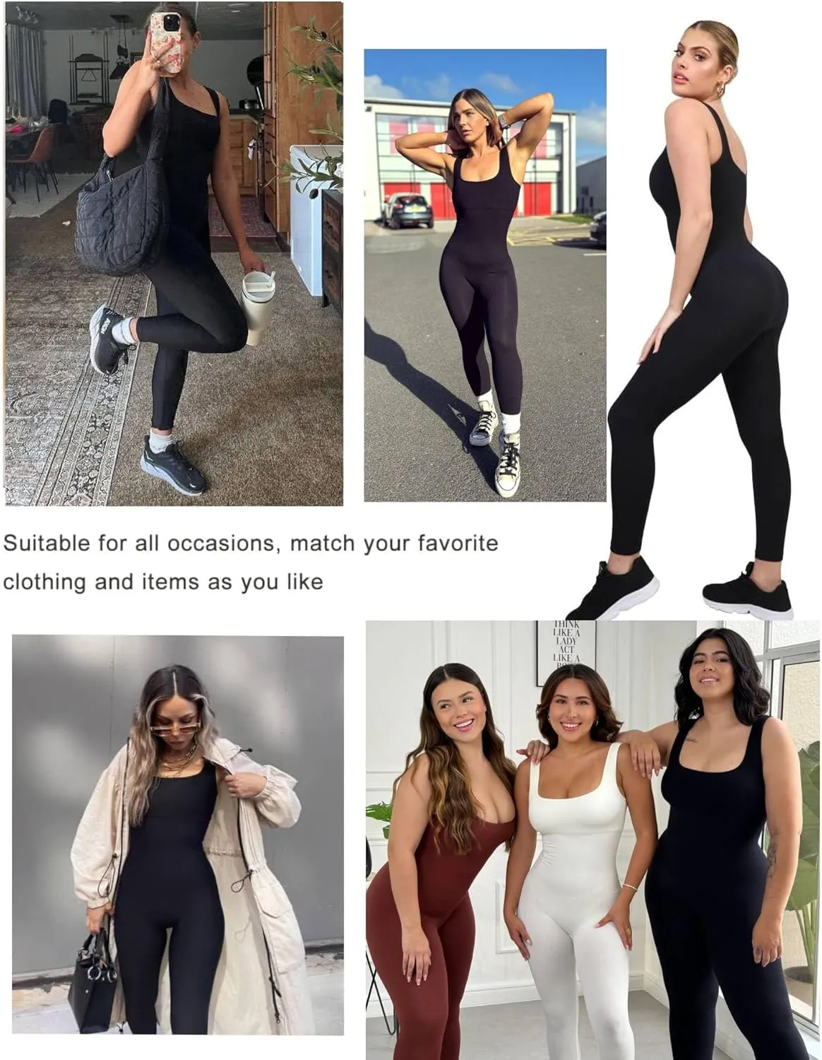 Popilush Jumpsuits for Women Built-In Bra Square Neck Ribbed Bodycon Workout Seamless Leggings Rompers Bodysuits