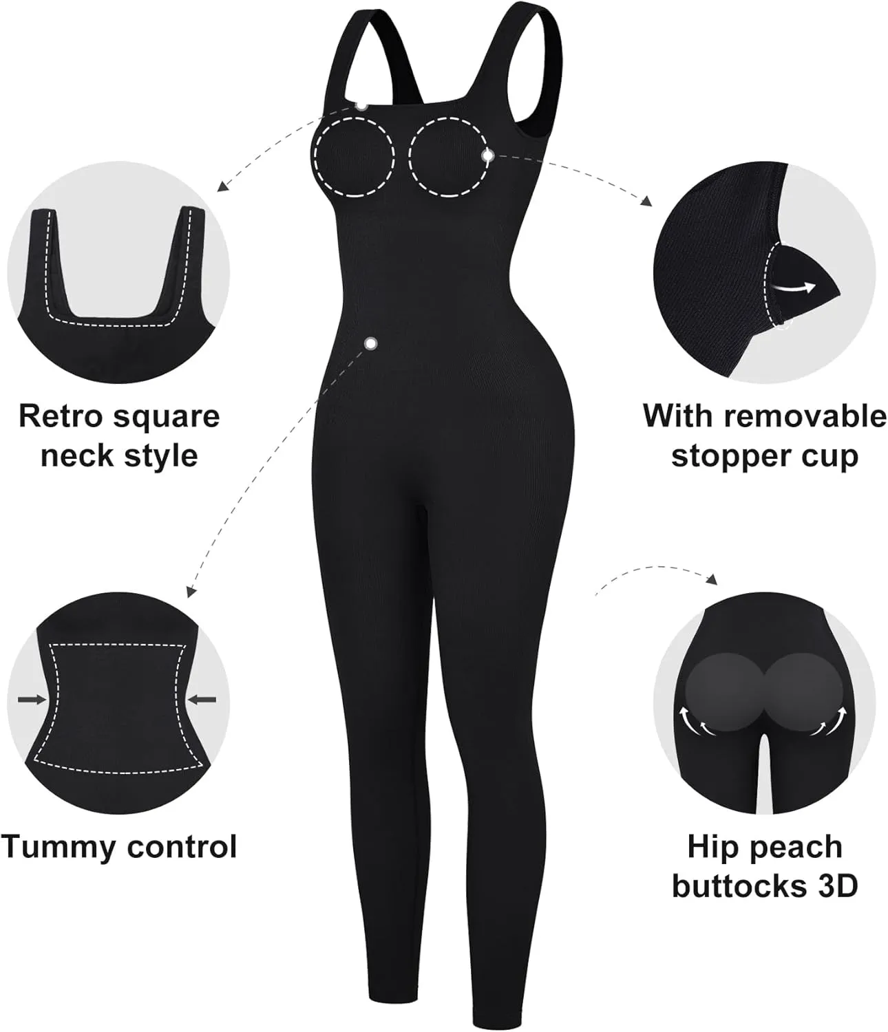 Popilush Jumpsuits for Women Built-In Bra Square Neck Ribbed Bodycon Workout Seamless Leggings Rompers Bodysuits