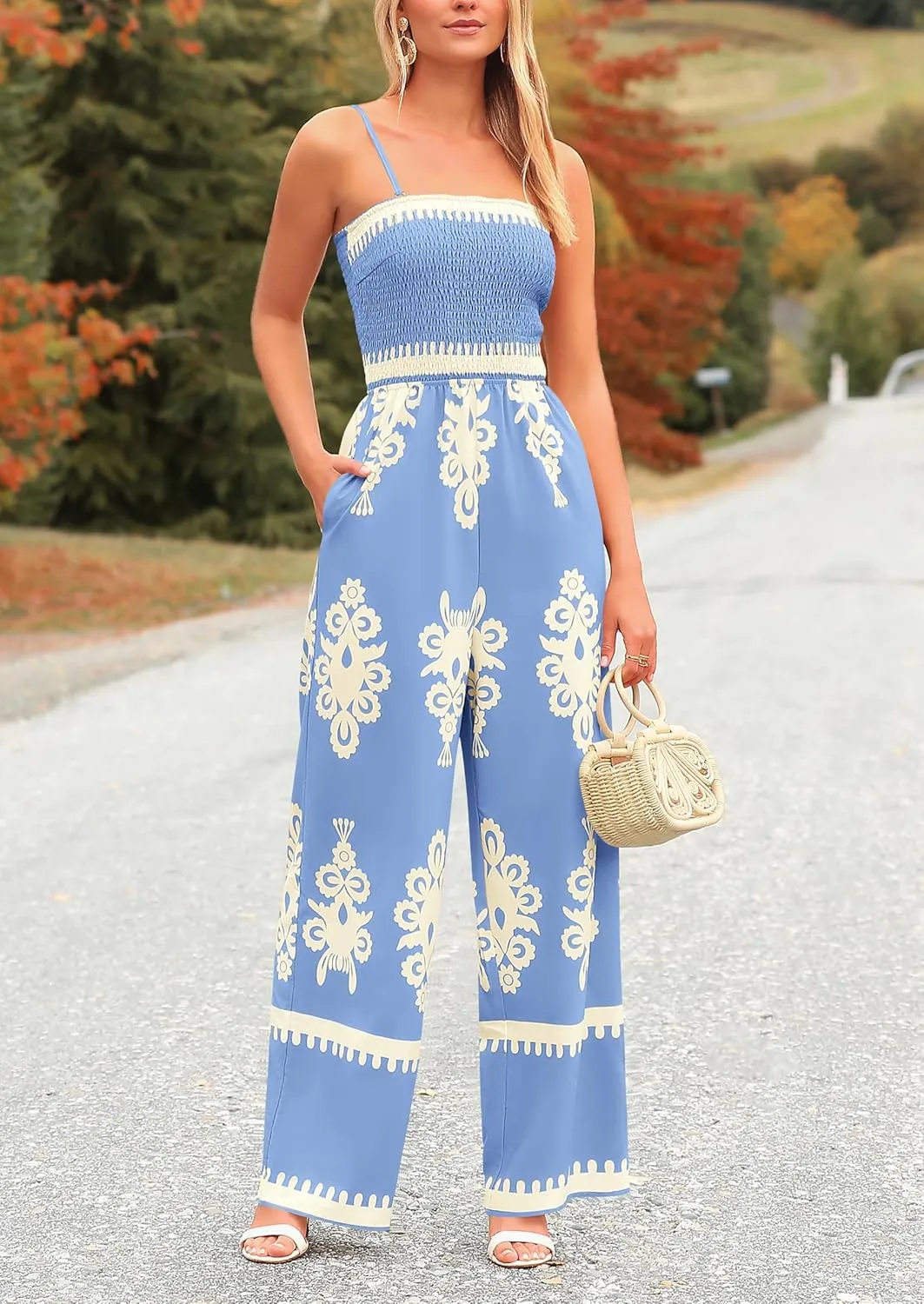 PRETTYGARDEN Jumpsuits for Women 2025 Summer One Piece Beach Vacation Outfits Spaghetti Strap Wide Leg Pants Rompers