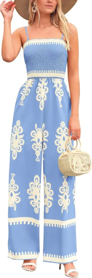 PRETTYGARDEN Jumpsuits for Women 2025 Summer One Piece Beach Vacation Outfits Spaghetti Strap Wide Leg Pants Rompers