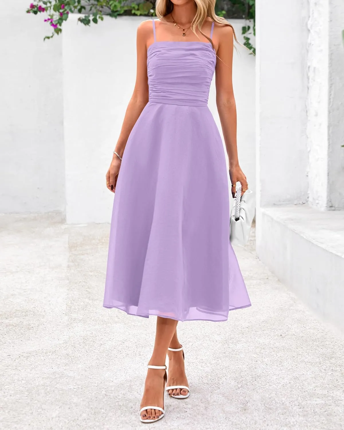 PRETTYGARDEN Womens Summer Dresses 2025 Spaghetti Strap Sleeveless Smocked Flowy Midi Wedding Guest Dress with Pockets