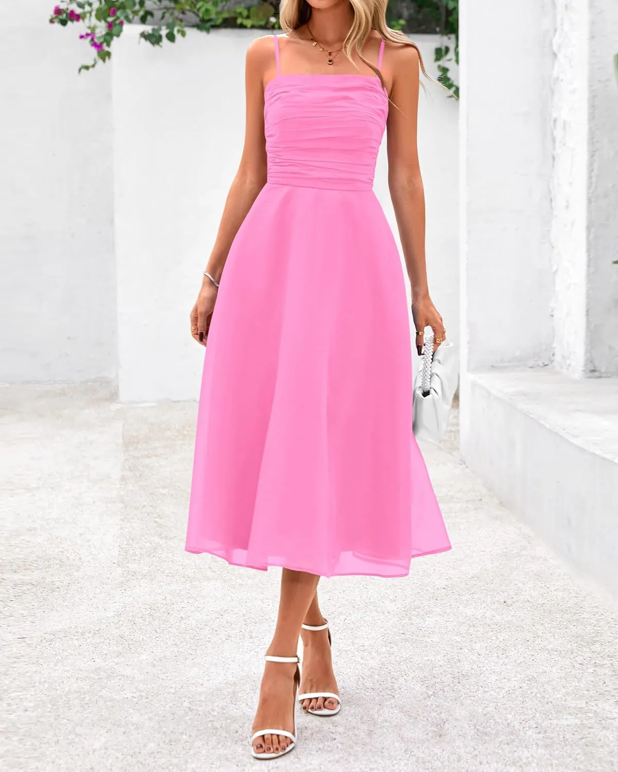 PRETTYGARDEN Womens Summer Dresses 2025 Spaghetti Strap Sleeveless Smocked Flowy Midi Wedding Guest Dress with Pockets