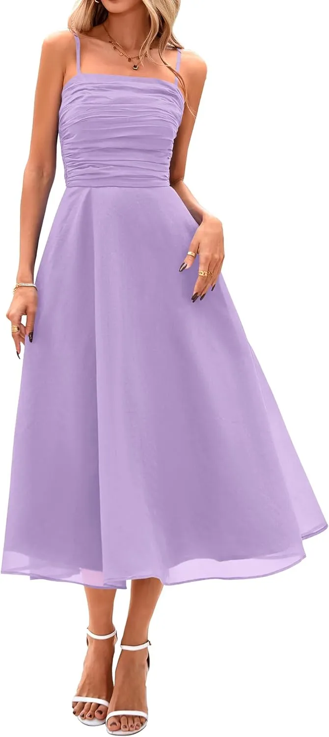 PRETTYGARDEN Womens Summer Dresses 2025 Spaghetti Strap Sleeveless Smocked Flowy Midi Wedding Guest Dress with Pockets