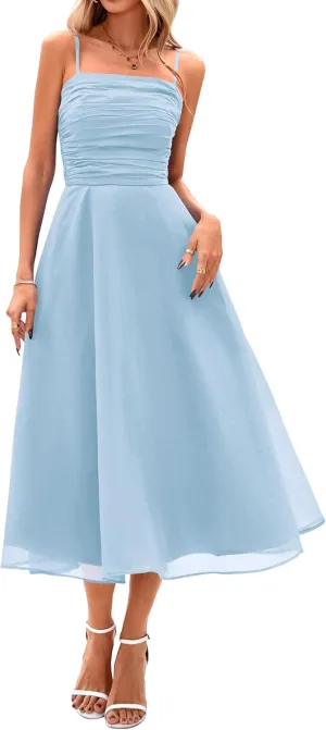 PRETTYGARDEN Womens Summer Dresses 2025 Spaghetti Strap Sleeveless Smocked Flowy Midi Wedding Guest Dress with Pockets