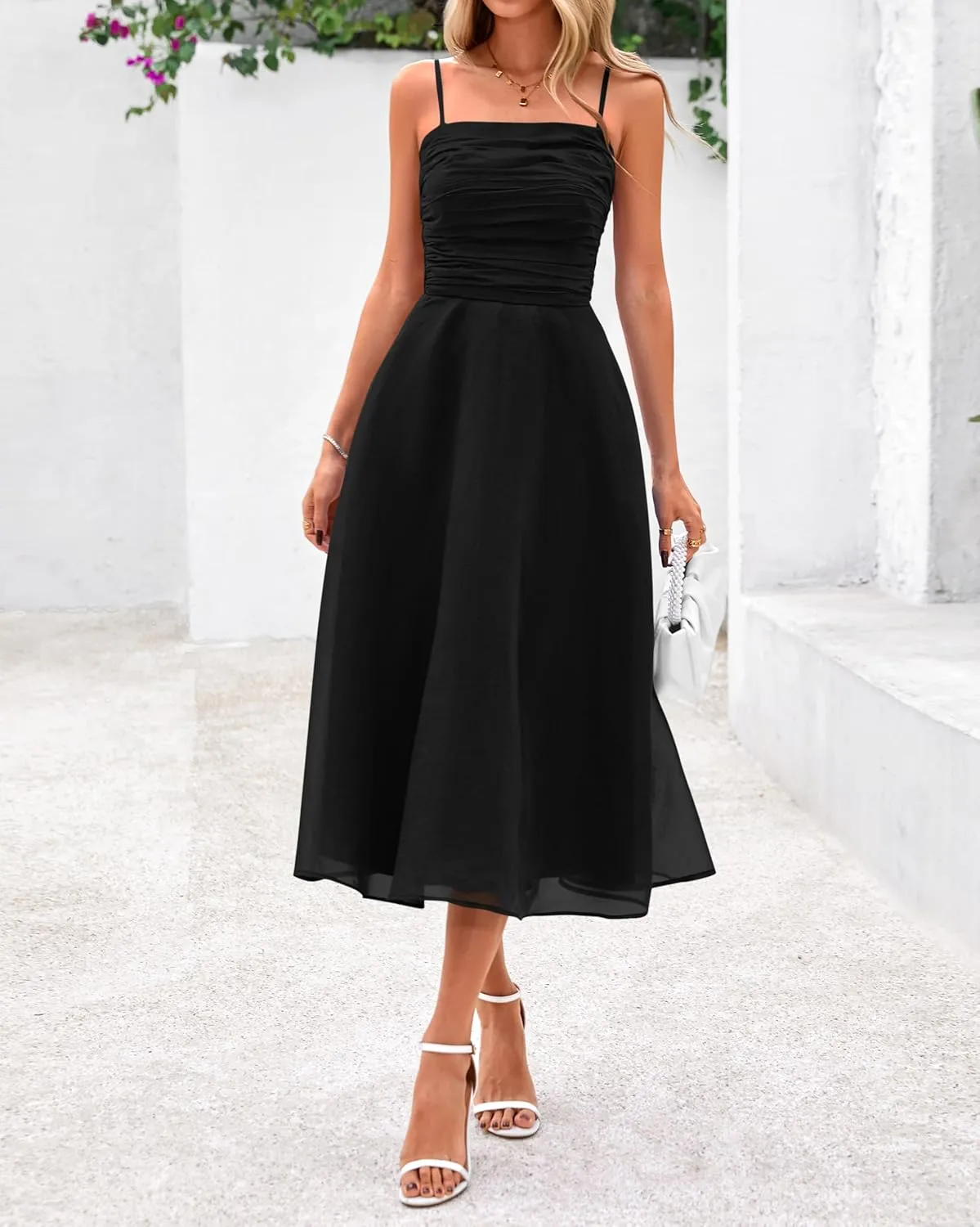 PRETTYGARDEN Womens Summer Dresses 2025 Spaghetti Strap Sleeveless Smocked Flowy Midi Wedding Guest Dress with Pockets