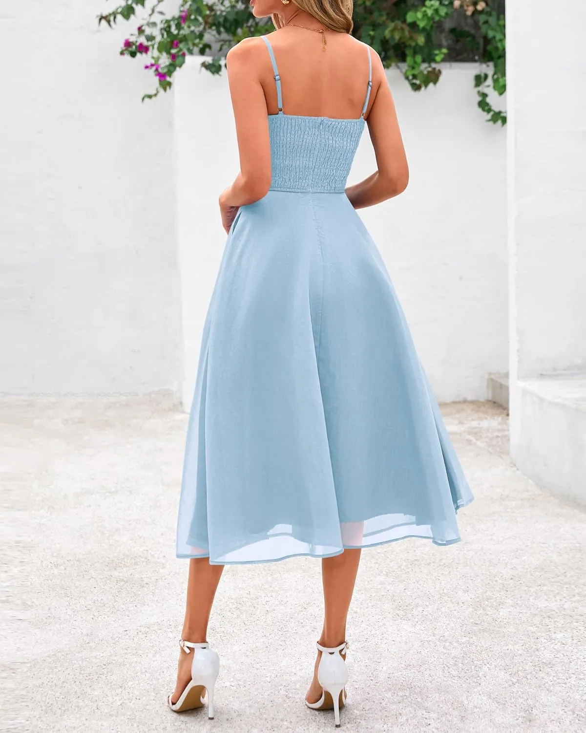 PRETTYGARDEN Womens Summer Dresses 2025 Spaghetti Strap Sleeveless Smocked Flowy Midi Wedding Guest Dress with Pockets