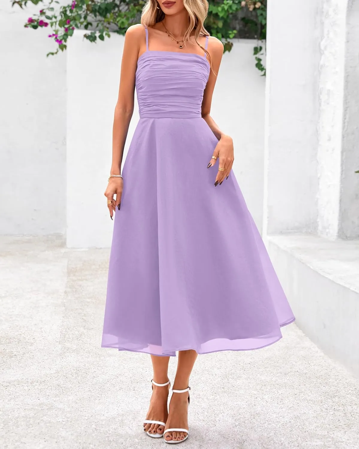 PRETTYGARDEN Womens Summer Dresses 2025 Spaghetti Strap Sleeveless Smocked Flowy Midi Wedding Guest Dress with Pockets