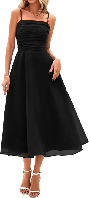 PRETTYGARDEN Womens Summer Dresses 2025 Spaghetti Strap Sleeveless Smocked Flowy Midi Wedding Guest Dress with Pockets