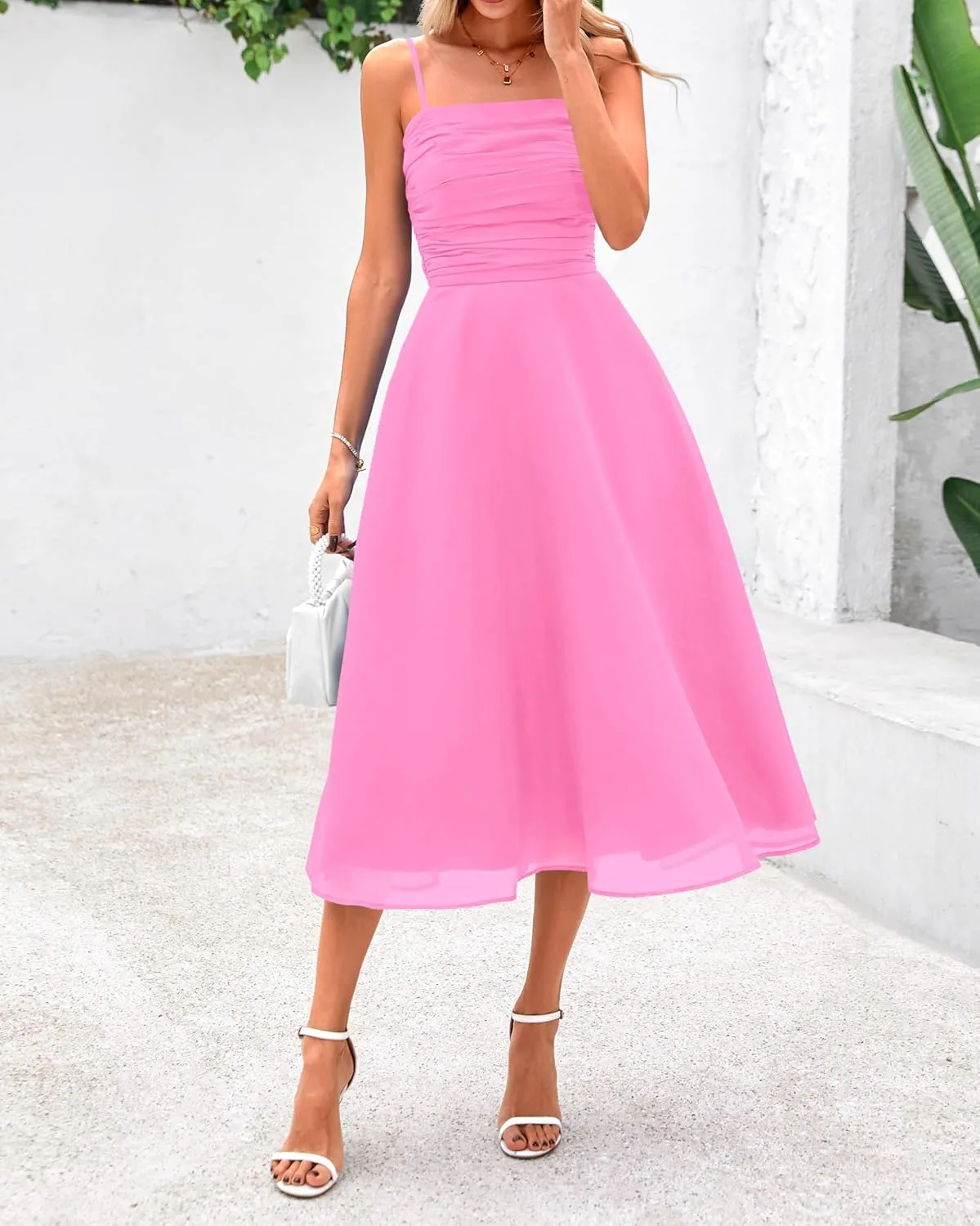 PRETTYGARDEN Womens Summer Dresses 2025 Spaghetti Strap Sleeveless Smocked Flowy Midi Wedding Guest Dress with Pockets